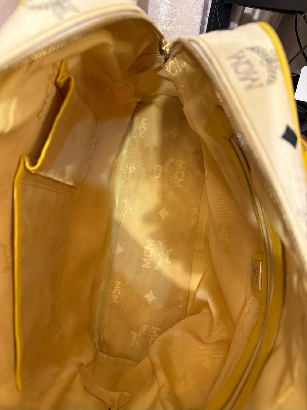 MCM White Visetos Double Pocket Satchel with Yellow Leather Trim